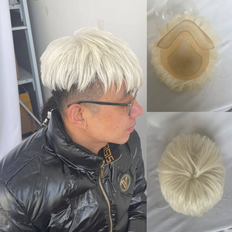 After Cut 3 Inch 100% European Virgin Men's Toupee Replacement System For Thinning Hair On Top,#60 Platinum Blonde Color 8X10
