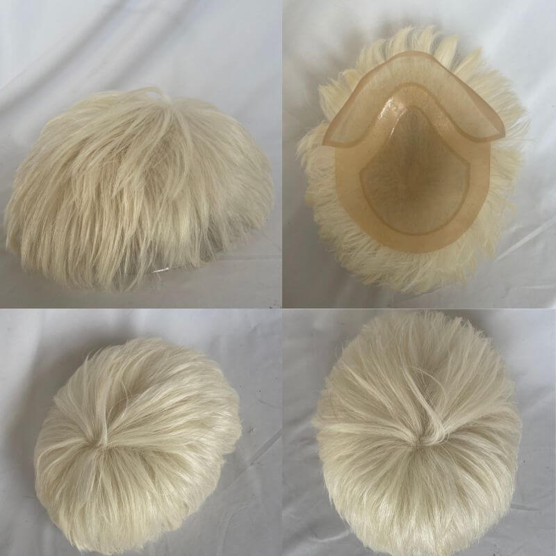 After Cut 3 Inch 100% European Virgin Men's Toupee Replacement System For Thinning Hair On Top,#60 Platinum Blonde Color 8X10