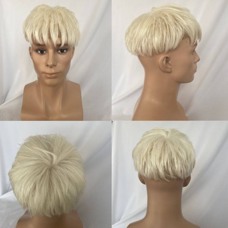 After Cut 3 Inch 100% European Virgin Men's Toupee Replacement System For Thinning Hair On Top,#60 Platinum Blonde Color 8X10