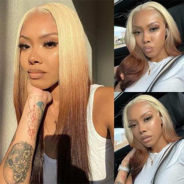 Highlight Pre Plucked 613 Blonde and Brown Ombre Color Transparent Lace Front Wig 13x4 Lace Front Silky Straight Hair Human Hair Wigs