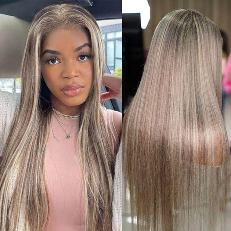 Highlight Straight Ash Brown Platium  Blonde Human Hair Wigs Brazilian Remy Transparent Lace Frontal Wigs For Women Pre Plucked Body Wave Wig 150 180 Density