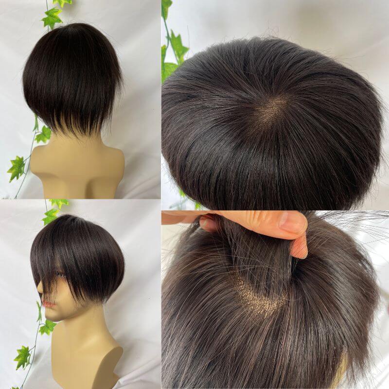 Men's Toupee  MOMO Net round  PU Base 5.5x7.5 Inch Natural Black Color Toupee Wig For Male Human Hair System For Men