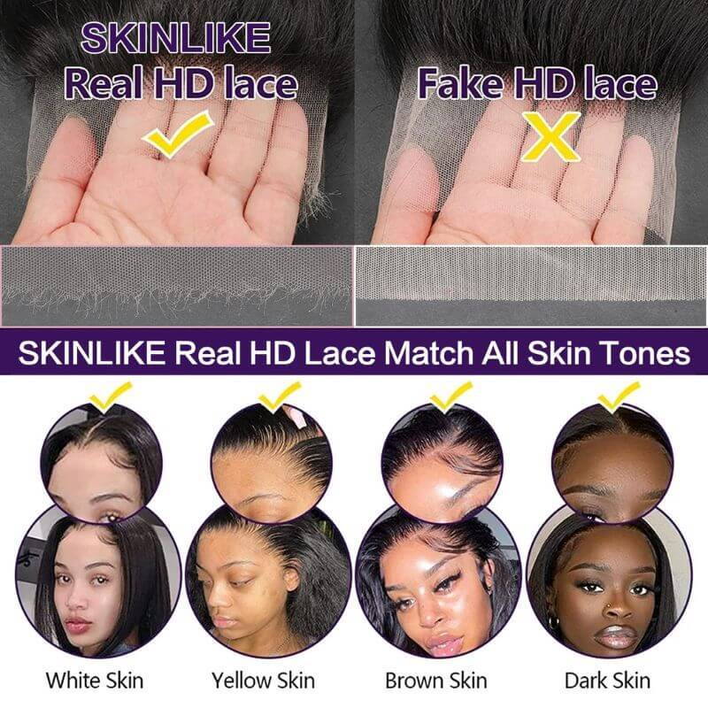 13x6 Skinlike Real HD Lace Frontal Straight  0.14mm Ultra Thin Invisible Lace Pre-plucked Clean Natural Hairline Skin Melt Swiss Lace Frontal Piece Natural Black  12-22 inch