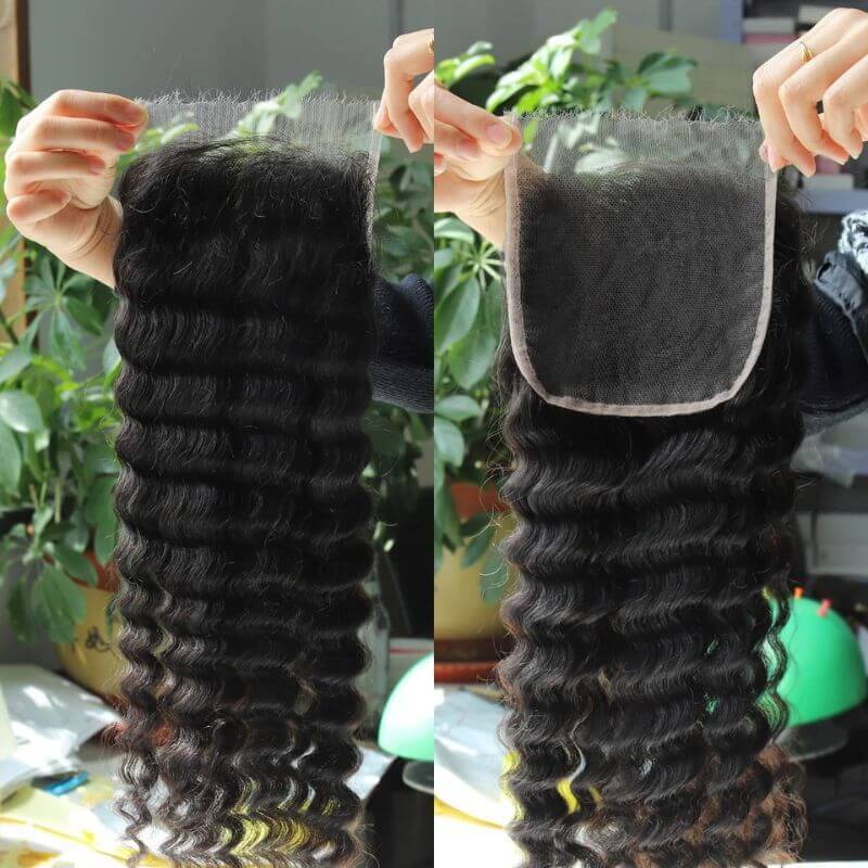 5x5 Deep Wave Skinlike Real HD Lace Frontal 0.14mm Ultra Thin Invisible Lace Pre-plucked Clean Natural Hairline Skin Melt Swiss Lace Frontal Piece Natural Black  12-22 inch