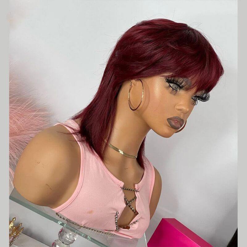 Burgundy Color  or Black Short Pixie Cut Full Machine Made Wig With Bangs Straight Bob Wolf Cut Human Hair Wigs For Black Women