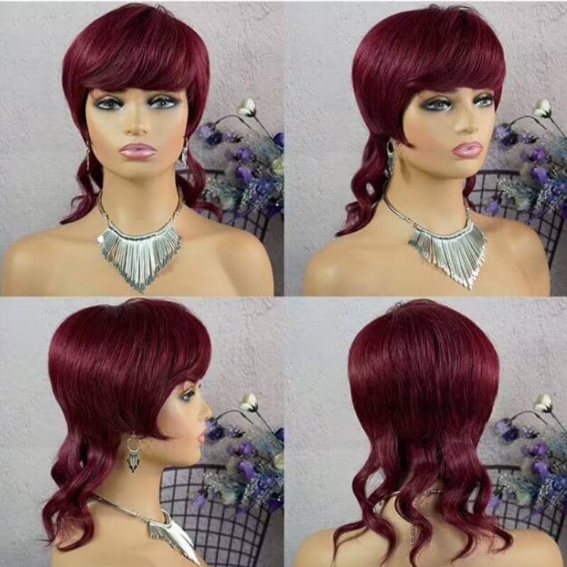 Dovetail Shape Burgundy  Black  Blonde Brown  Orange Color Short Pixie Cut Full Machine Made Wig With Bangs Wavy Bob Wolf Cut Human Hair Wigs For Black Women