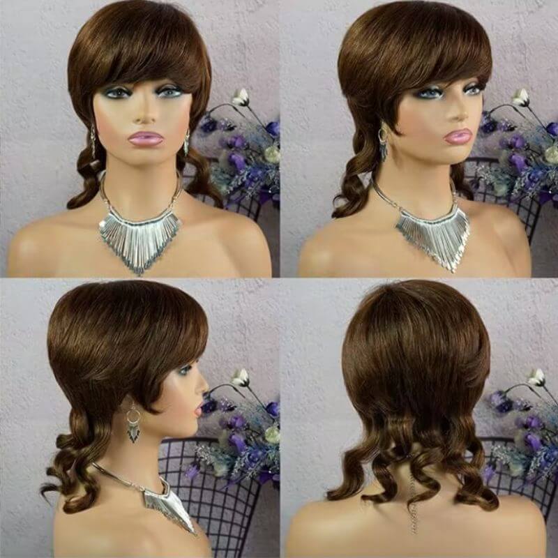 Dovetail Shape Burgundy  Black  Blonde Brown  Orange Color Short Pixie Cut Full Machine Made Wig With Bangs Wavy Bob Wolf Cut Human Hair Wigs For Black Women