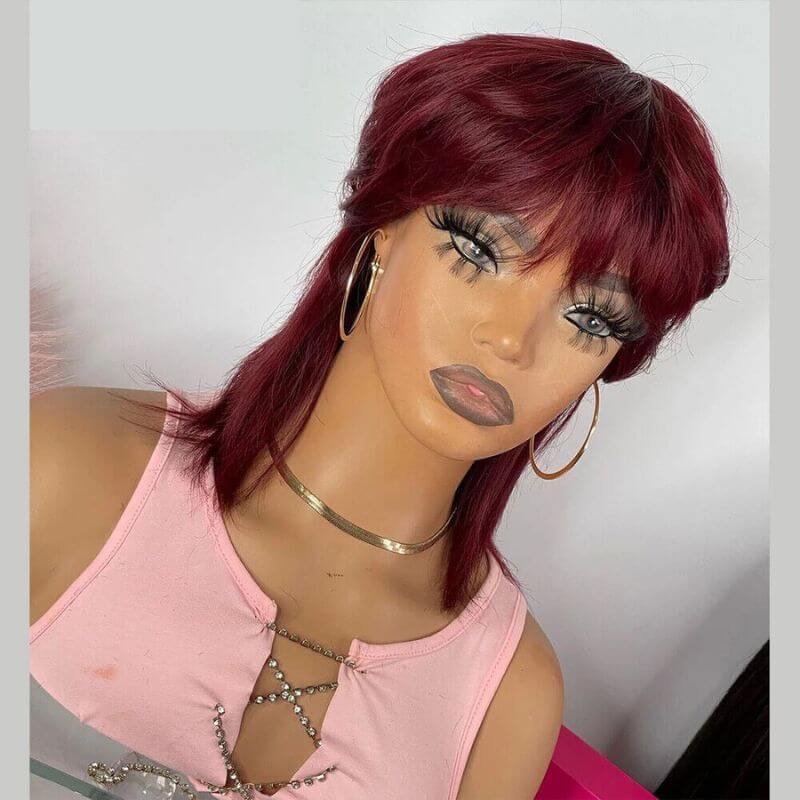 Burgundy Color  or Black Short Pixie Cut Full Machine Made Wig With Bangs Straight Bob Wolf Cut Human Hair Wigs For Black Women