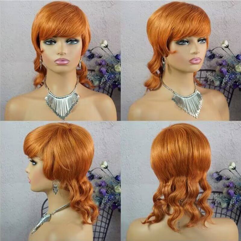 Dovetail Shape Burgundy  Black  Blonde Brown  Orange Color Short Pixie Cut Full Machine Made Wig With Bangs Wavy Bob Wolf Cut Human Hair Wigs For Black Women