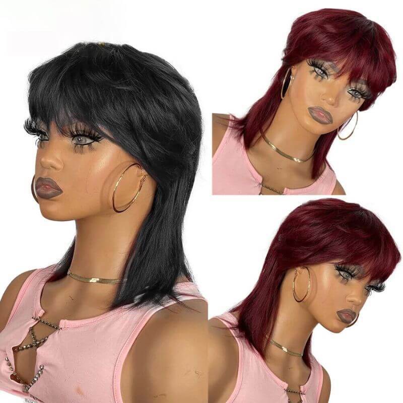 Burgundy Color  or Black Short Pixie Cut Full Machine Made Wig With Bangs Straight Bob Wolf Cut Human Hair Wigs For Black Women