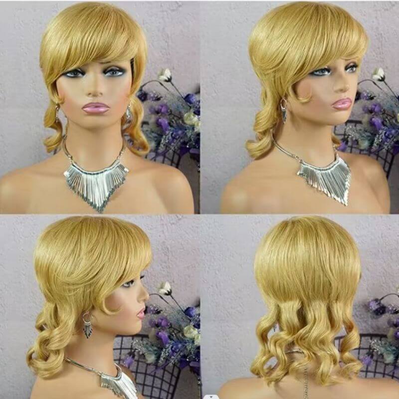 Dovetail Shape Burgundy  Black  Blonde Brown  Orange Color Short Pixie Cut Full Machine Made Wig With Bangs Wavy Bob Wolf Cut Human Hair Wigs For Black Women