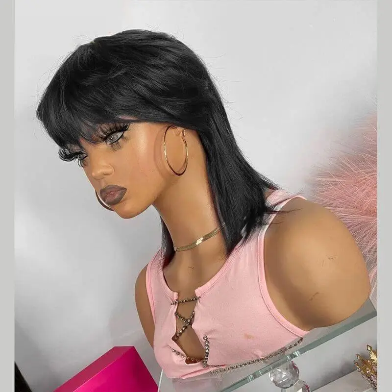 Burgundy Color  or Black Short Pixie Cut Full Machine Made Wig With Bangs Straight Bob Wolf Cut Human Hair Wigs For Black Women