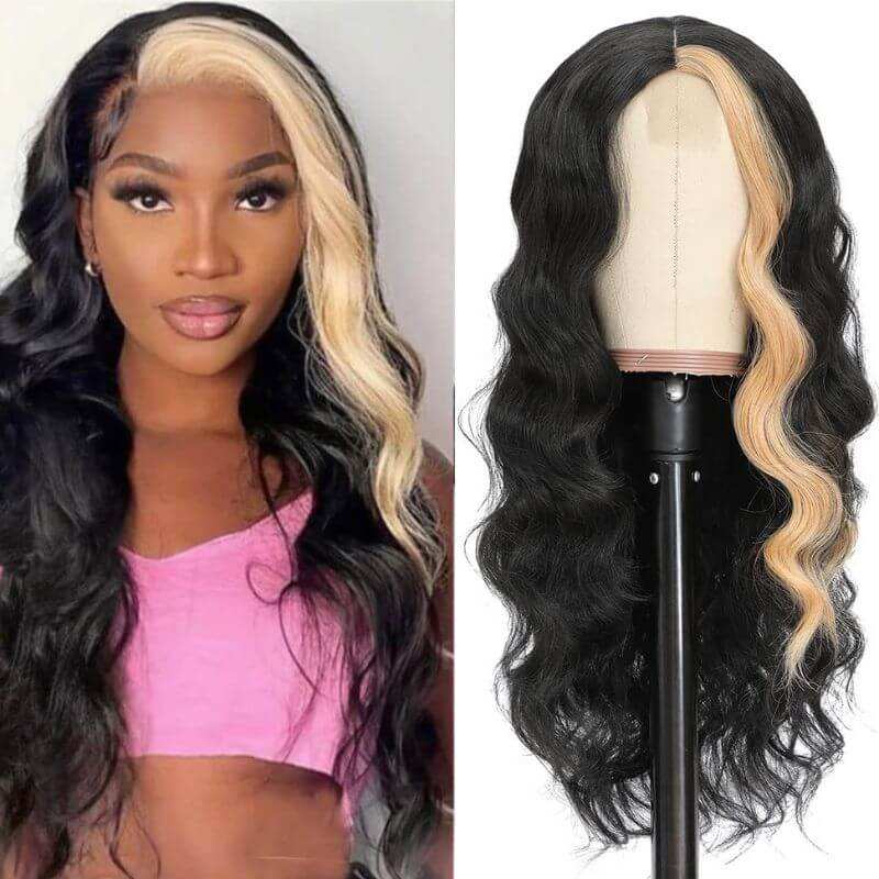 Ombre Color Wigs Highlights  Long Wavy Wigs for Black Women Skunk Stripe Body Wave Lace Front Wig Human Hair Wavy Wigs for Women 24 inch Black Wavy Wig with Blonde Highlights Hair Replacement Wigs