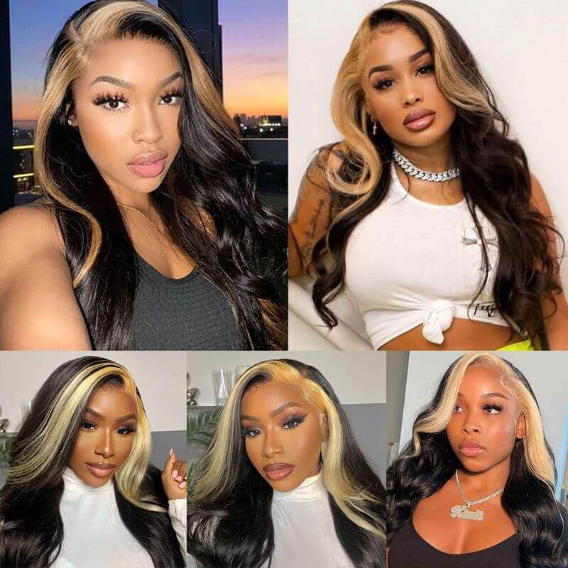 Skunk Stripe Human Virgin Hair Ombre Color Wigs Highlights  Lace Front Wigs 28 inch Long Wavy Lace Front Wig with Highlights Human Hair Wig  Long Wavy Lace Wigs for Black Women Honey Blonde Skunk Stripe Wigs