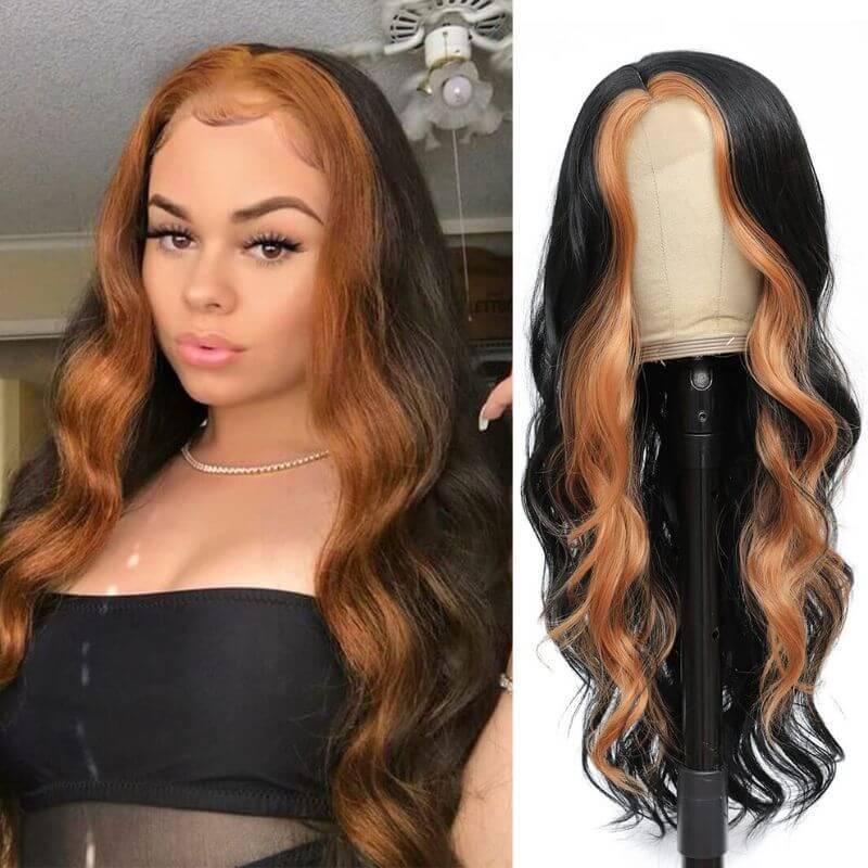 Skunk Stripe Human Virgin Hair Ombre Wigs Highlights  Lace Front Wigs 28 Skunk Stripe Wig Long Wavy Human Hair Wigs for Black Women Highlight  Lace Front Wig Natural Looking Replacement Wigs (Black Mixed Brown)