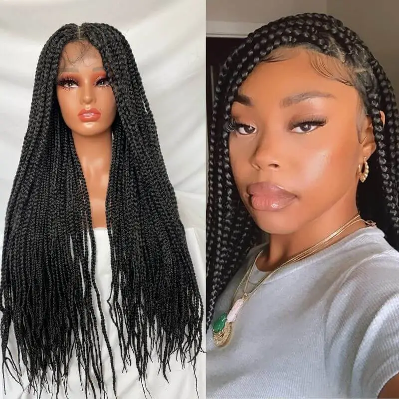 9x6 Lace 36 Inch double Lace Front Box Braided Wigs 1B Ombre Blue Green Red Wigs Knotless Cornrow Braids Lace Frontal Wig Synthetic Black Hand Braided Wigs With Baby Hair for African American Women