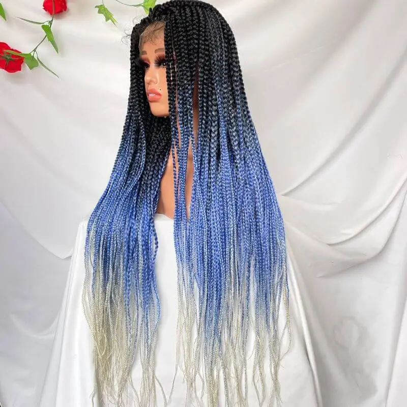 9x6 Lace 36 Inch double Lace Front Box Braided Wigs 1B Ombre Blue Green Red Wigs Knotless Cornrow Braids Lace Frontal Wig Synthetic Black Hand Braided Wigs With Baby Hair for African American Women