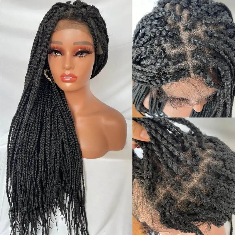 9x6 Lace 36 Inch double Lace Front Box Braided Wigs 1B Ombre Blue Green Red Wigs Knotless Cornrow Braids Lace Frontal Wig Synthetic Black Hand Braided Wigs With Baby Hair for African American Women