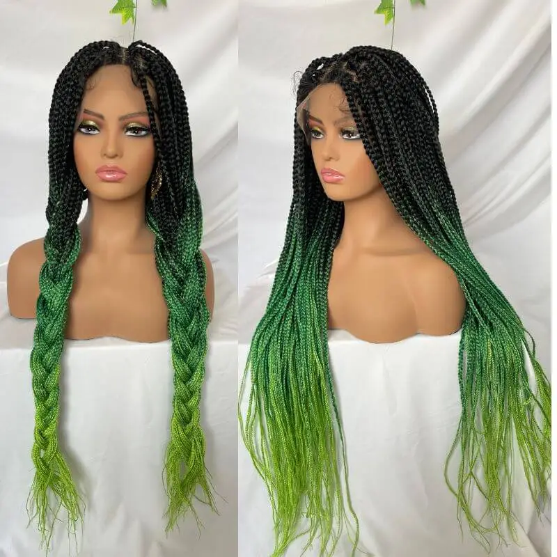 9x6 Lace 36 Inch double Lace Front Box Braided Wigs 1B Ombre Blue Green Red Wigs Knotless Cornrow Braids Lace Frontal Wig Synthetic Black Hand Braided Wigs With Baby Hair for African American Women