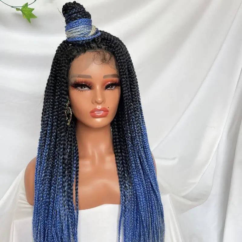 9x6 Lace 36 Inch double Lace Front Box Braided Wigs 1B Ombre Blue Green Red Wigs Knotless Cornrow Braids Lace Frontal Wig Synthetic Black Hand Braided Wigs With Baby Hair for African American Women