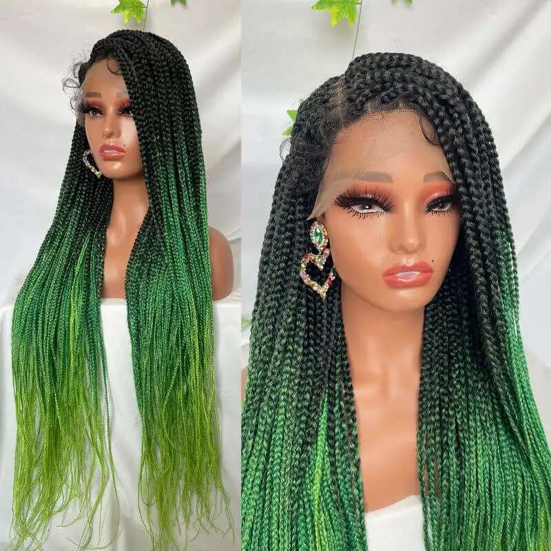 9x6 Lace 36 Inch double Lace Front Box Braided Wigs 1B Ombre Blue Green Red Wigs Knotless Cornrow Braids Lace Frontal Wig Synthetic Black Hand Braided Wigs With Baby Hair for African American Women