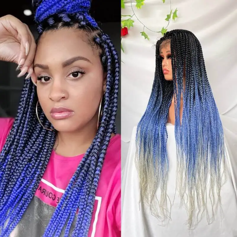 9x6 Lace 36 Inch double Lace Front Box Braided Wigs 1B Ombre Blue Green Red Wigs Knotless Cornrow Braids Lace Frontal Wig Synthetic Black Hand Braided Wigs With Baby Hair for African American Women