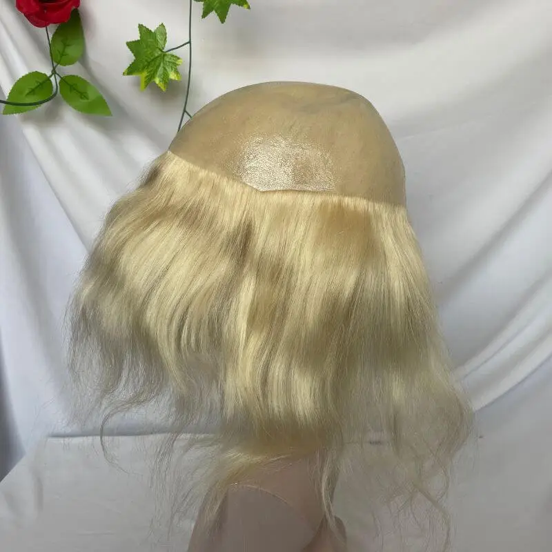 Long Human Hair Wigs Men's Toupee Blonde Color Full Skin Pu Base  12 Inch for Men and Women Natural Hairline Silky Straight Wave 8x10 613 Blonde Color Skin Base Hair Stystem