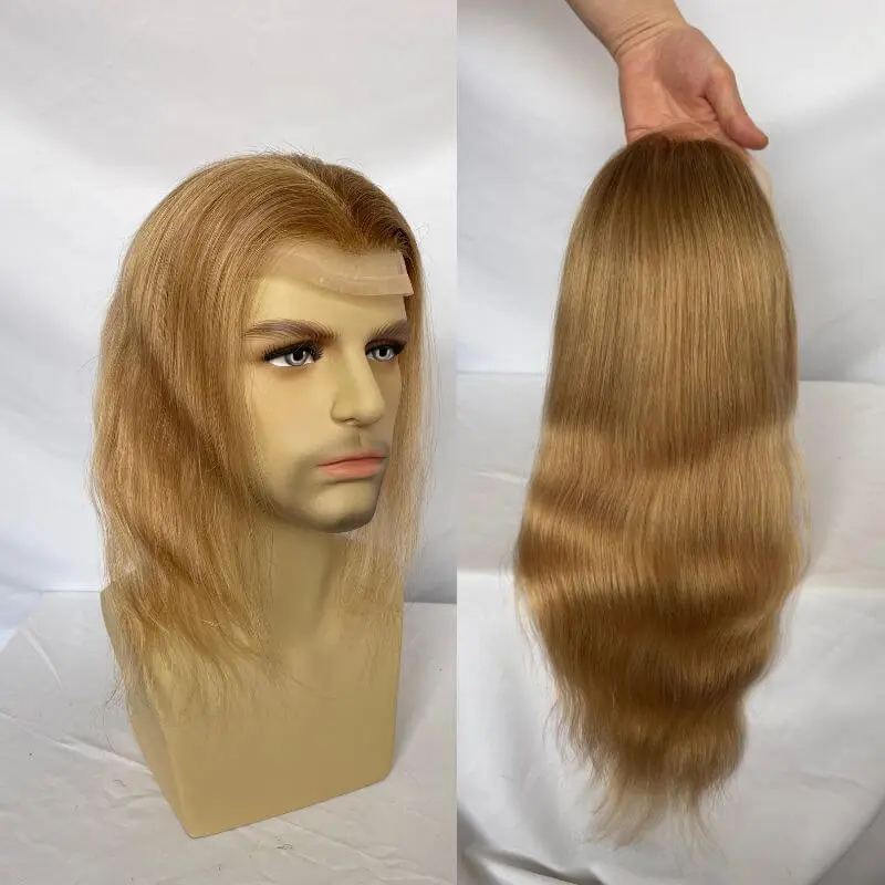 Men's Toupee Ombre Ash Blonde  12 Inch Long Human Hair 10x8 Hairpieces Human Hair Ombre 27 Color Mono Net with PU around
