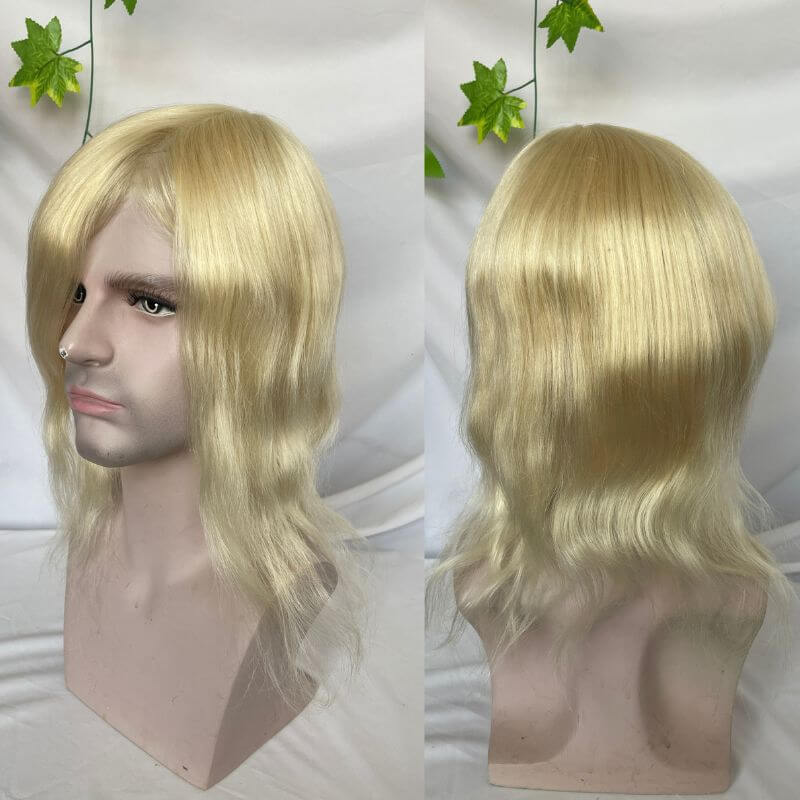 Long Human Hair Wigs Men's Toupee Blonde Color Full Skin Pu Base  12 Inch for Men and Women Natural Hairline Silky Straight Wave 8x10 613 Blonde Color Skin Base Hair Stystem