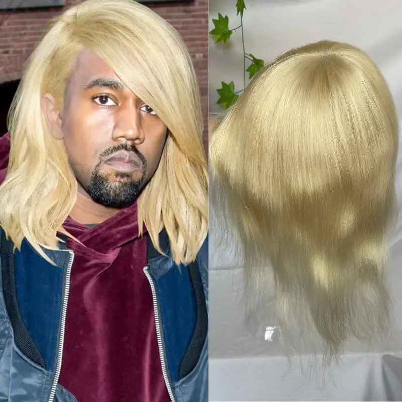 Long Human Hair Wigs Men's Toupee Blonde Color Full Skin Pu Base  12 Inch for Men and Women Natural Hairline Silky Straight Wave 8x10 613 Blonde Color Skin Base Hair Stystem