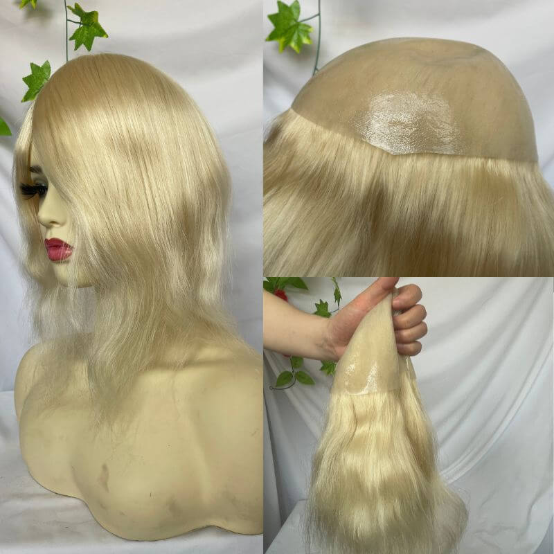 Long Human Hair Wigs Men's Toupee Blonde Color Full Skin Pu Base  12 Inch for Men and Women Natural Hairline Silky Straight Wave 8x10 613 Blonde Color Skin Base Hair Stystem