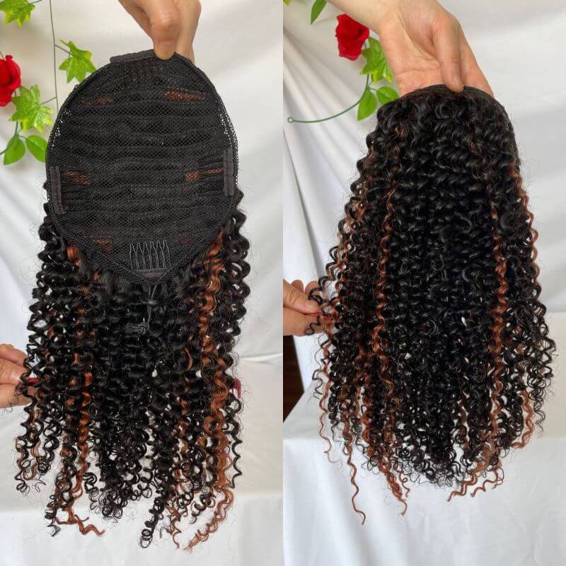 Clip In Indian Human Hair Kinky Curly Ponytail Extensions 1B Highlight 30 Color