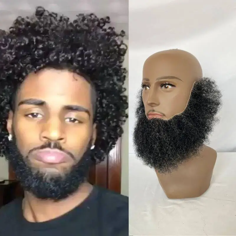 Human Hair Afro Curl Face Beard Mustache For American Black Men Realistic Makeup Swiss Lace Base Replace System 1B 1B 20