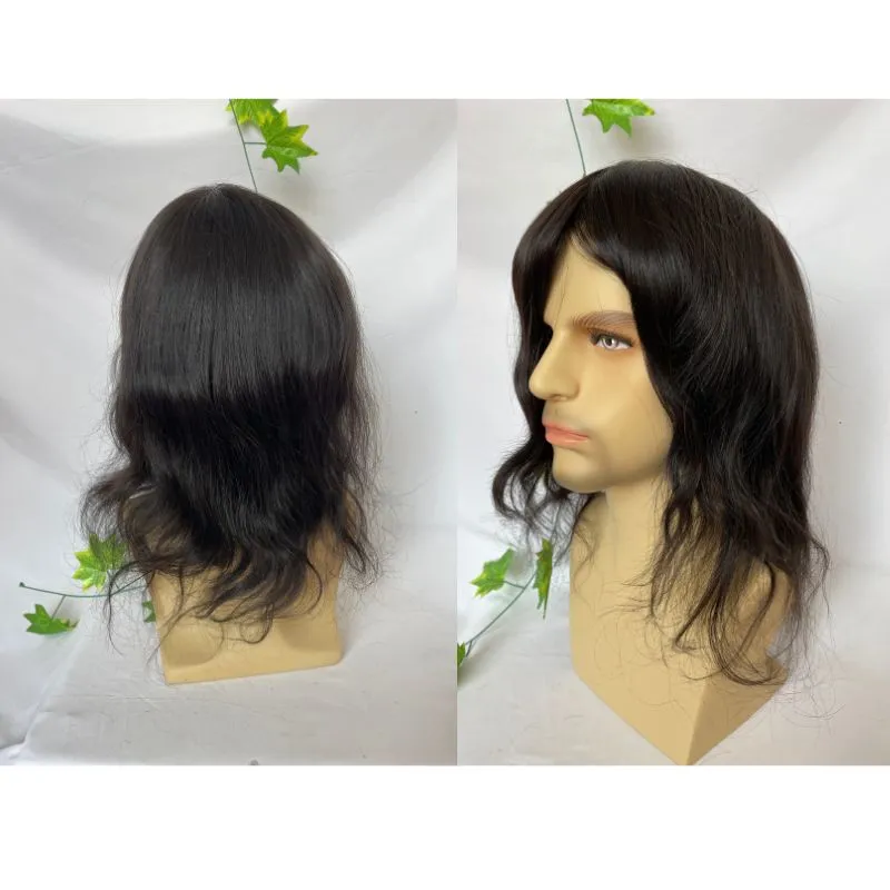 Long Human Hair Wigs Full Skin Pu Base  12 Inch for Men  Natural Hairline Silky Straight Wave 8x10 #3 Medium Brown Color Skin Base Hair Stystem