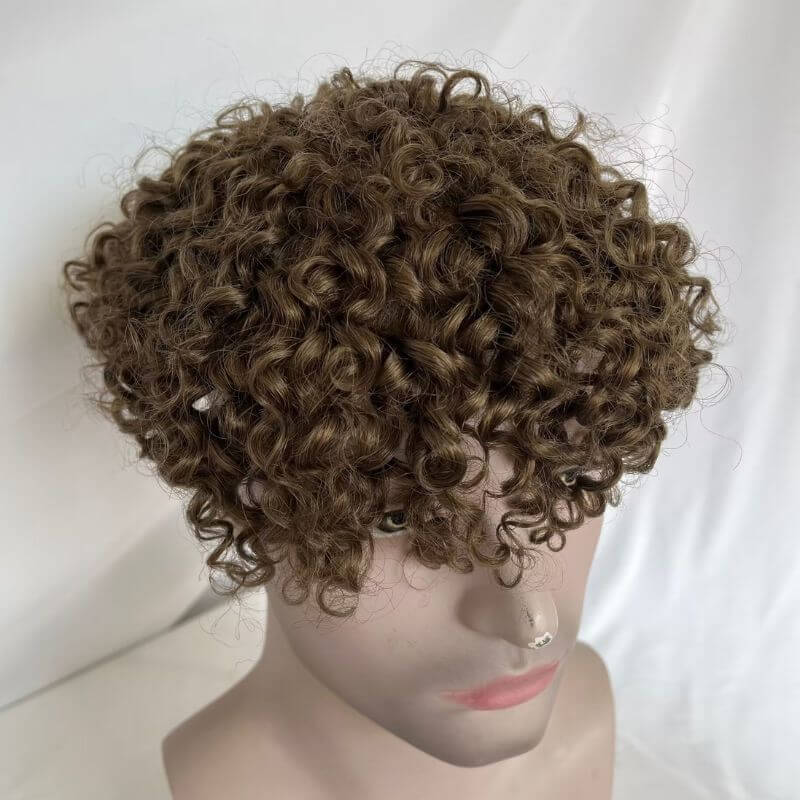 Full Swiss Lace Base Breathable Human Hair Afro Curly  Men's Toupee Natural Hairline Replacement Toupee for Men Brown Color