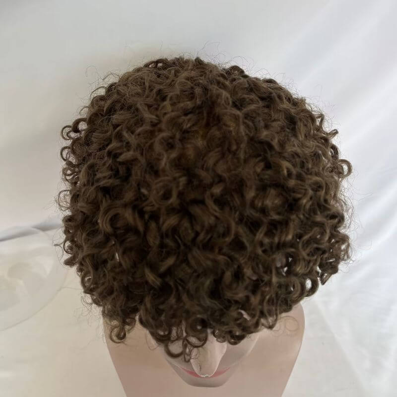 Full Swiss Lace Base Breathable Human Hair Afro Curly  Men's Toupee Natural Hairline Replacement Toupee for Men Brown Color