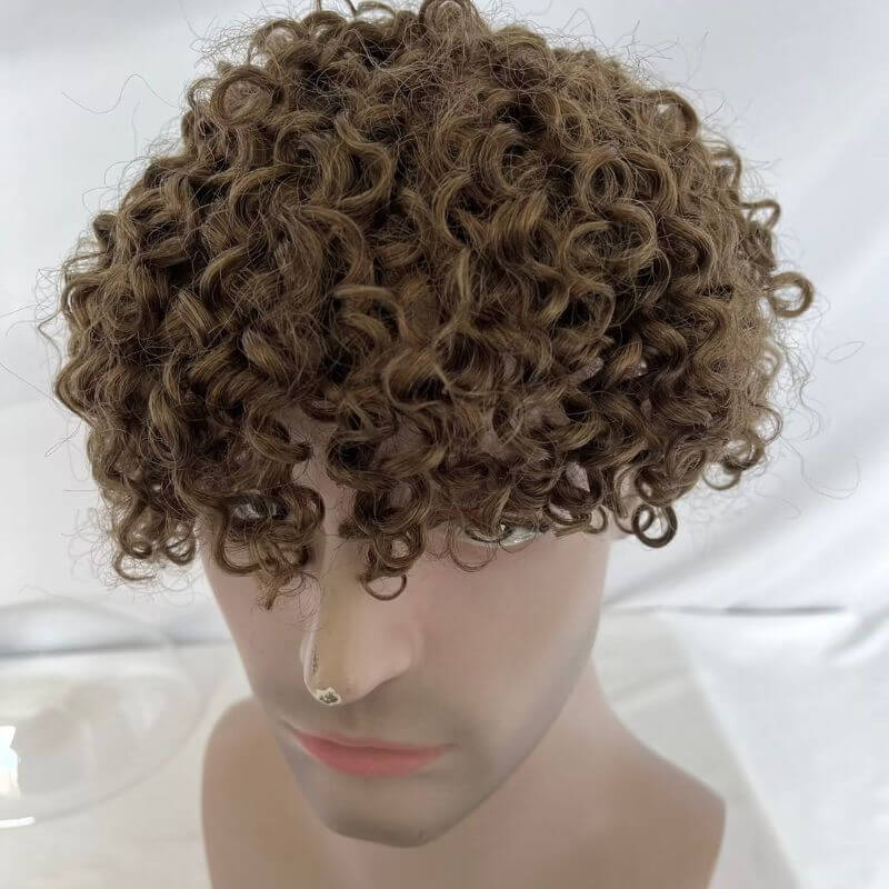 Full Swiss Lace Base Breathable Human Hair Afro Curly  Men's Toupee Natural Hairline Replacement Toupee for Men Brown Color