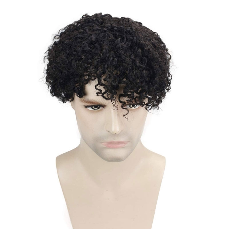 Full Swiss Lace Base Breathable Human Hair Afro Curly  Men's Toupee Natural Hairline Replacement Toupee for Men Brown Color