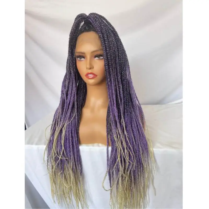 9x6 Lace 36 Inch double Lace Front Box Braided Wigs 1B Ombre Purple  Blue Green Red Wigs Knotless Cornrow Braids Lace Frontal Wig Synthetic Black Hand Braided Wigs With Baby Hair for African American Women
