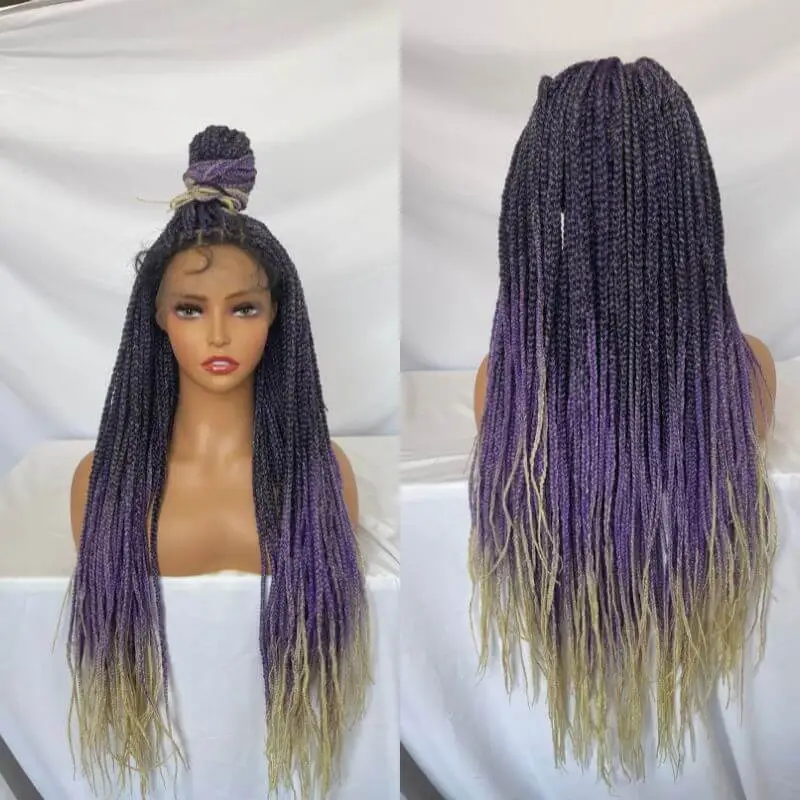 9x6 Lace 36 Inch double Lace Front Box Braided Wigs 1B Ombre Purple  Blue Green Red Wigs Knotless Cornrow Braids Lace Frontal Wig Synthetic Black Hand Braided Wigs With Baby Hair for African American Women