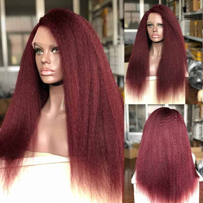 99J Color Kinky Straight 100% Human Hair 130%Density Lace Front Pre-Plucked Hair Line For Black Women With Baby Hair