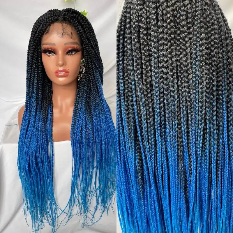 9x6 Lace 36 Inch double Lace Front Box Braided Wigs 1B Ombre Purple  Blue Green Red Wigs Knotless Cornrow Braids Lace Frontal Wig Synthetic Black Hand Braided Wigs With Baby Hair for African American Women