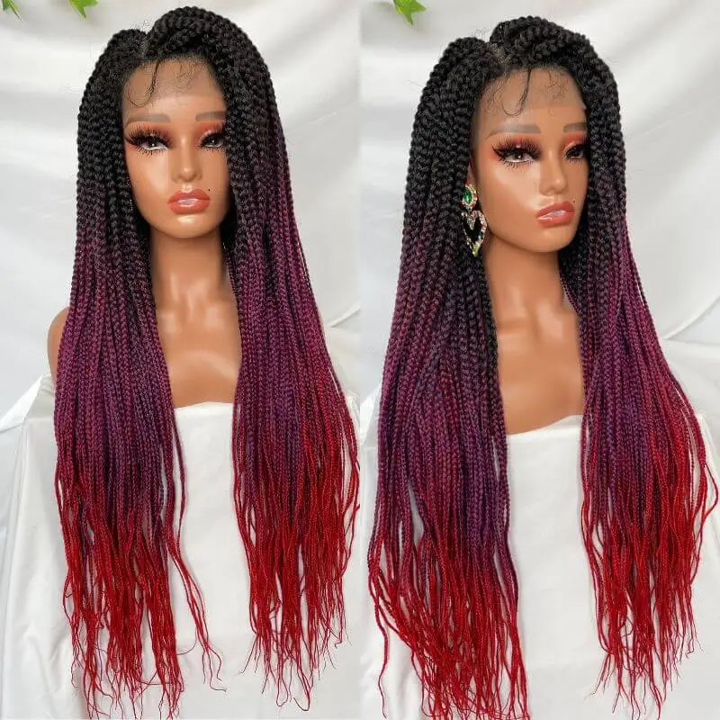 9x6 Lace 36 Inch double Lace Front Box Braided Wigs 1B Ombre Purple  Blue Green Red Wigs Knotless Cornrow Braids Lace Frontal Wig Synthetic Black Hand Braided Wigs With Baby Hair for African American Women