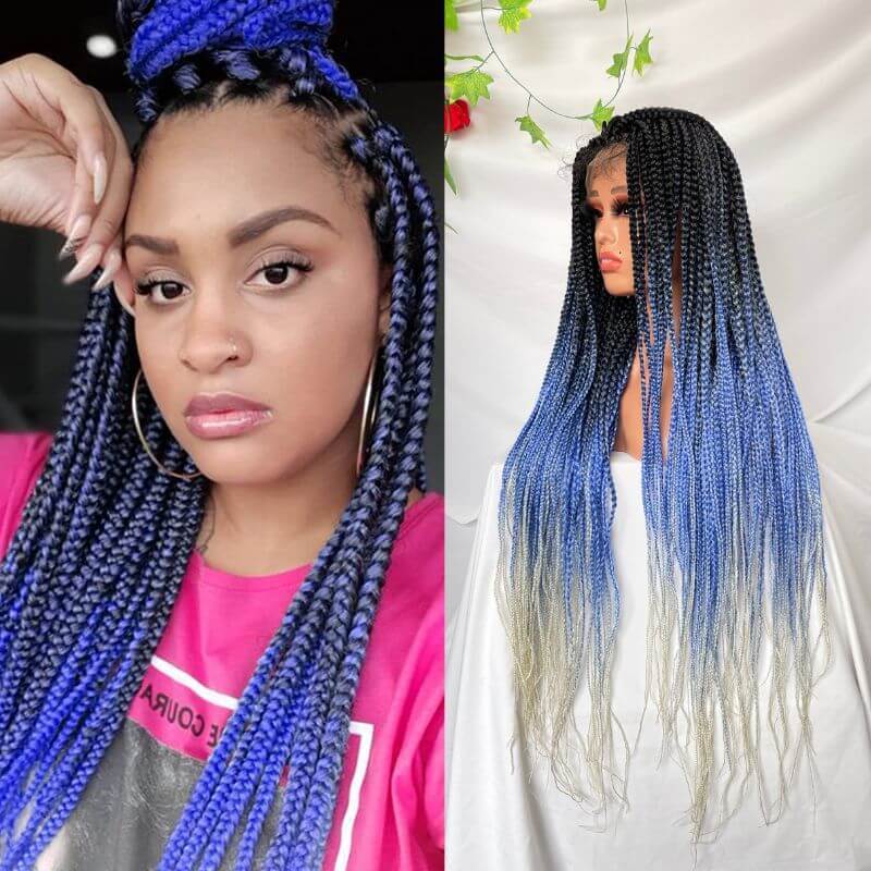 9x6 Lace 36 Inch double Lace Front Box Braided Wigs 1B Ombre Purple  Blue Green Red Wigs Knotless Cornrow Braids Lace Frontal Wig Synthetic Black Hand Braided Wigs With Baby Hair for African American Women