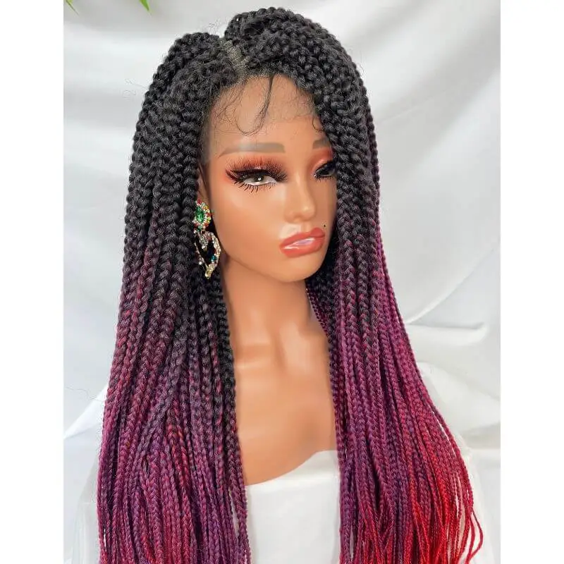 9x6 Lace 36 Inch double Lace Front Box Braided Wigs 1B Ombre Purple  Blue Green Red Wigs Knotless Cornrow Braids Lace Frontal Wig Synthetic Black Hand Braided Wigs With Baby Hair for African American Women