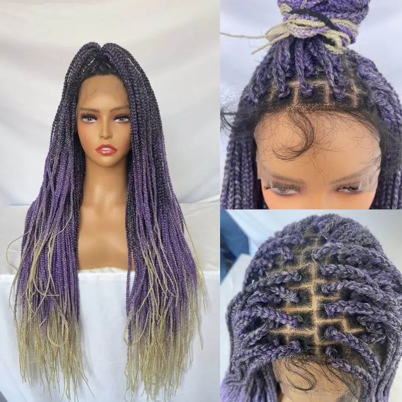 9x6 Lace 36 Inch double Lace Front Box Braided Wigs 1B Ombre Purple  Blue Green Red Wigs Knotless Cornrow Braids Lace Frontal Wig Synthetic Black Hand Braided Wigs With Baby Hair for African American Women