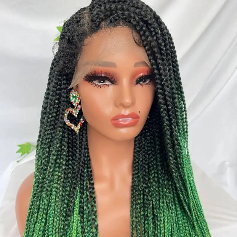 9x6 Lace 36 Inch double Lace Front Box Braided Wigs 1B Ombre Purple  Blue Green Red Wigs Knotless Cornrow Braids Lace Frontal Wig Synthetic Black Hand Braided Wigs With Baby Hair for African American Women