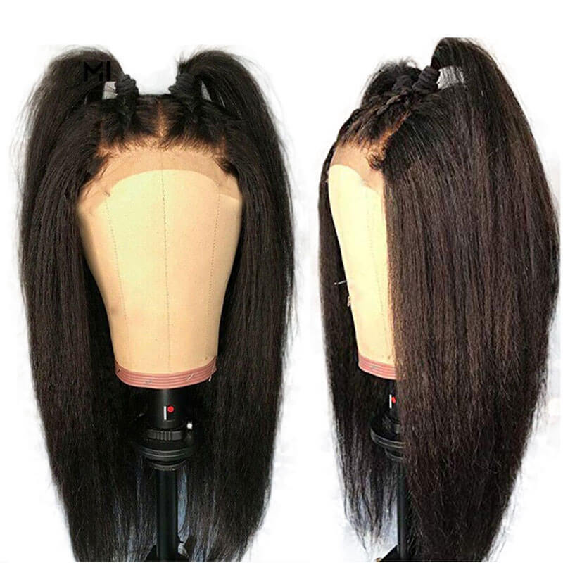 Pre Plucked Lace Front Wig Kinky Straight Human Hair for Women Black Color Brazilian Remy Hair Natural Hairline