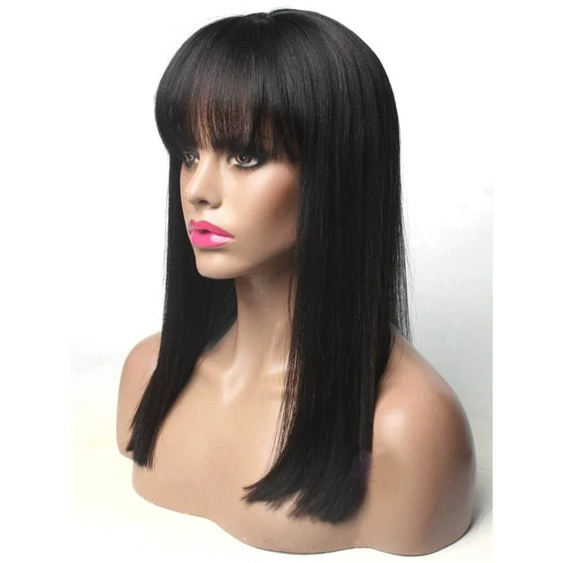 Yaki Wig with Bangs Light Yaki Straight 100 Human Hair Natural Color Density 130%