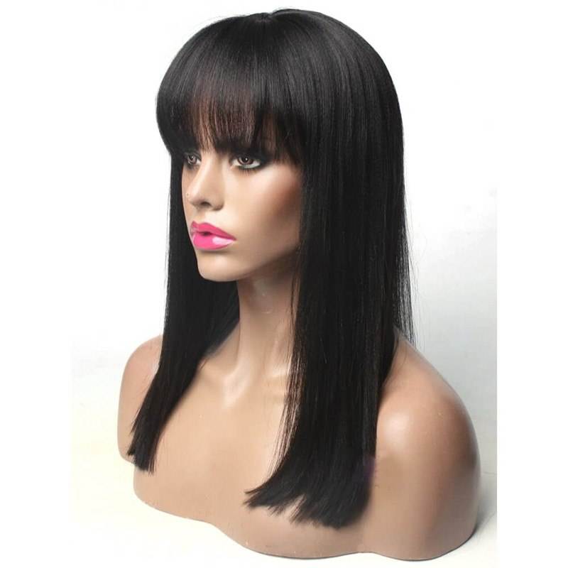 Yaki Wig with Bangs Light Yaki Straight 100 Human Hair Natural Color Density 130%